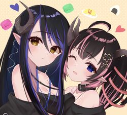  2girls ahoge bandeau belt belt_collar black_bandeau black_belt black_hair black_jacket blue_belt blue_eyes blue_hair blush breasts brown_eyes chest_belt cleavage collar commentary curled_horns demon_girl demon_horns earrings expressionless flower food grey_horns hair_between_eyes hair_flower hair_ornament hair_ribbon heart hebiyoi_tier hebiyoi_tier_(1st_costume) highres horns jacket jewelry large_breasts long_bangs long_hair looking_at_viewer macaron medium_bangs multicolored_hair multiple_girls nanashi_inc. off_shoulder oinomori_may oinomori_may_(1st_costume) omelet omurice one_eye_closed one_side_up onigiri open_mouth pink_hair pink_ribbon pointy_ears ribbon sairenji_(o70at) sidelocks single_earring snake_bite symbol-only_commentary two-tone_hair upper_body virtual_youtuber yellow_background 