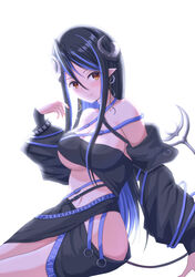  absurdres bandeau belt black_bandeau black_belt black_hair black_jacket black_skirt blue_belt blue_hair blush breasts brown_eyes chest_belt cleavage closed_mouth commentary_request cowboy_shot curled_horns demon_girl demon_horns demon_tail female grey_horns hair_between_eyes hebiyoi_tier hebiyoi_tier_(1st_costume) highres hip_vent horns jacket large_breasts long_hair long_sleeves looking_at_viewer multicolored_hair nanashi_inc. natsuki_aya navel off_shoulder open_clothes open_jacket pointy_ears red_nails sidelocks simple_background skirt smile snake_bite solo sugar_lyric tail two-tone_hair underboob virtual_youtuber white_background 