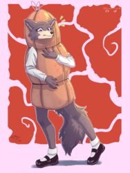  3:4 absurd_res anthro awkward beastars canid canine canis clothed clothing costume female food food_costume hi_res juno_(beastars) mammal meat solo wolf yhorey_san 