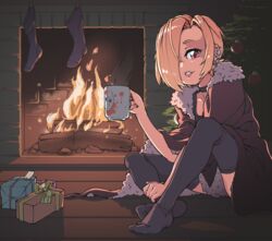  black_thighhighs blonde_hair blood blood_splatter box choker christmas_stocking cup ear_piercing earclip female fire fireplace fur_trim gift gift_box hair_over_one_eye halloween_(movie) highres hockey_mask idolmaster idolmaster_cinderella_girls jarv looking_at_viewer mask mug multiple_piercings piercing red_eyes shirasaka_koume short_hair smile solo steam thighhighs thighs 