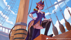  2023 alanscampos anthro barrel boots breasts brown_hair captain_amelia clothing crate disney exposure_variation eyebrows eyelashes felid feline female footwear fur gloves green_eyes hair handwear hat headgear headwear hi_res legwear mammal short_hair solo step_pose text thigh_boots thigh_highs treasure_planet url white_clothing white_gloves white_handwear yellow_sclera 