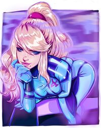  1girls 2d blonde_hair blue_eyes bodysuit eyelashes long_hair metroid mole_under_mouth pink_lipstick ponytail samus_aran seductive_smile theartofmathew zero_suit zero_suit_samus 