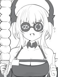  :d absurdres arknights blush breasts chest_strap cleavage demon_girl demon_horns detached_collar female flying_sweatdrops food greyscale hands_up highres holding holding_ice_cream_cone horns ice_cream ice_cream_cone large_breasts long_hair monochrome round_eyewear secretary_settings_(arknights) simple_background smile solo spam_(spamham4506) sparkle sunglasses surtr_(arknights) sweatdrop too_many too_many_scoops upper_body white_background 