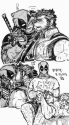  ! closed_eyes closed_mouth couple deadpool deadpool_&amp;_wolverine deadpool_(series) dishing facial_hair gloves heart hello_kitty holding_hands interlocked_fingers katana kissing looking_at_another male_focus marvel mask mask_lift mature_male monochrome muscular muscular_male open_mouth pectorals sanrio shirt short_hair short_sleeves shorts sitting smile sword sword_on_back teeth translation_request weapon weapon_on_back wolverine_(x-men) x-men yaoi 