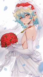  bare_shoulders blue_hair bouquet breasts bridal_veil bride cross-shaped_pupils dress earrings elbow_gloves female from_side gloves highres holding holding_bouquet jewelry looking_at_viewer magion02 medium_hair multicolored_hair nia_teppelin sideboob smile solo symbol-shaped_pupils tengen_toppa_gurren_lagann veil wedding_dress white_dress white_gloves 