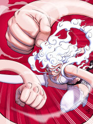  absurdres alternate_form big_hair borudbrian breasts cleavage clenched_hands cloud cloud_hair crop_top curly_eyebrows devil_fruit_power elasticity eyelashes female gear_fifth grin hagoromo highres jewelry_bonney large_breasts large_hands looking_at_viewer official_alternate_color official_alternate_hair_color one_piece purple_sash reaching reaching_towards_viewer red_background red_eyes sash shawl short_hair short_shorts shorts smile solo stretched_limb suspender_shorts suspenders tank_top thighhighs v-shaped_eyebrows white_hair white_shorts white_tank_top white_thighhighs 