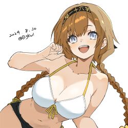  absurdres bigkwl bikini bikini_shorts black_headband black_shorts braid breasts clothes_writing dated denim denim_shorts female grey_eyes headband highres kantai_collection large_breasts light_brown_hair long_hair official_alternate_costume one-hour_drawing_challenge open_mouth short_shorts shorts simple_background smile solo swimsuit teeth teruzuki_(kancolle) teruzuki_(swimsuit_mode)_(kancolle) twin_braids twitter_username upper_teeth_only white_background white_bikini 