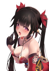  absurdres bare_shoulders bell black_choker black_gloves black_hair breasts choker cleavage collarbone criss-cross_halter detached_sleeves dress facial_mark female gloves hair_ornament halterneck hand_up highres honkai:_star_rail honkai_(series) japanese_clothes jingle_bell leaning_forward long_hair looking_at_viewer medium_breasts no_mask obi open_mouth red_dress red_eyes rope sash shimenawa shoulder_tattoo sleeveless sleeveless_dress smile solo spaghetti_strap sparkle_(honkai:_star_rail) tattoo tetori_(tetolisto) twintails upper_body 