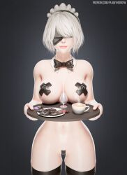  2b_(nier:automata) 3d absurdres black_pasties black_thighhighs blindfold breasts covered_nipples cross_pasties female highres holding holding_tray lawyernsfw looking_at_viewer maid_headdress nier:automata nier_(series) pasties shiny_skin short_hair thighhighs tray white_hair 