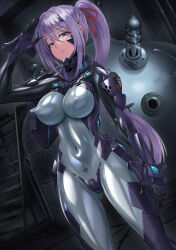  armored_bodysuit black_bodysuit blue_bodysuit blue_eyes bodysuit breasts commentary_request covered_navel covered_nipples female fortified_suit hair_ribbon headgear highres impossible_bodysuit impossible_clothes kurione_(zassou) large_breasts long_hair looking_at_viewer multicolored_bodysuit multicolored_clothes muv-luv muv-luv_alternative muv-luv_total_eclipse original ponytail purple_bodysuit purple_hair ribbon salute shiny_clothes skin_tight solo standing very_long_hair 