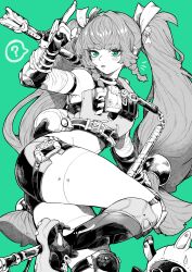  ? absurdres bangboo_(zenless_zone_zero) braid commentary_request crop_top female fingerless_gloves foot_out_of_frame gloves green_background green_eyes greyscale_with_colored_background hand_up highres holding holding_polearm holding_weapon knee_pads kuji-in light_blush long_hair looking_at_viewer low_twin_braids mechanical_legs midriff parted_lips partial_commentary polearm qingyi_(zenless_zone_zero) shorts sidelocks solo spoken_question_mark thighs twin_braids twintails very_long_hair vest weapon yotsumi_shiro zenless_zone_zero 