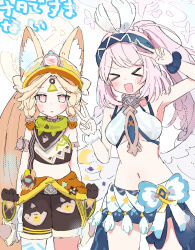  &gt;_&lt; 2girls :d bare_arms bare_shoulders blonde_hair blue_archive blue_headband blush braid breasts cosplay cowboy_shot crop_top double_v feathered_wings genshin_impact gloves halo hat headband highres jitome kachina_(genshin_impact) kachina_(genshin_impact)_(cosplay) long_hair looking_at_viewer medium_breasts mika_(blue_archive) mualani_(genshin_impact) mualani_(genshin_impact)_(cosplay) multiple_girls navel open_mouth pink_eyes pink_hair piwa ponytail scrunchie seia_(blue_archive) shorts simple_background sleeveless small_sweatdrop smile standing stomach twin_braids v v-shaped_eyebrows white_background wings wrist_scrunchie xd yellow_hat 