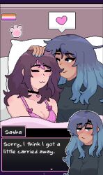  2girls ^w^ after_sex aftercare afterglow bed blue_eyes blue_hair blue_nails blush brown_hair choker closed_eyes cuddling dark-skinned_female dialogue_box emma_(welcome_to_heaven) female/female female_only hand_on_head indoors lesbian_pride_colors light-skinned_female pillow pink_hair pink_highlights pixel_art pixelated sasha_(welcome_to_heaven) snuggling sweater trans_woman_(lore) two_tone_hair under_covers welcome_to_heaven wholesome yuri 