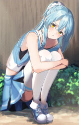  absurdres alternate_costume bare_shoulders black_vest blue_footwear blue_hair blue_skirt blue_vest blush cheerleader chocoeiru collarbone commentary_request female full_body hair_between_eyes highres hugging_own_legs knees_up long_hair looking_at_viewer multicolored_vest open_mouth outdoors pleated_skirt ponytail rimuru_tempest shoes skirt solo squatting sweatdrop tensei_shitara_slime_datta_ken thighhighs two-tone_footwear vest white_footwear white_thighhighs white_vest yellow_eyes 