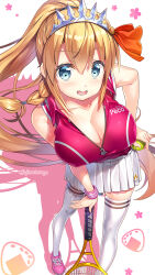  bare_shoulders blush braid breasts cleavage crop_top female fujima_takuya green_eyes hair_ornament holding holding_racket huge_breasts large_breasts long_hair looking_at_viewer open_mouth orange_hair pecorine_(princess_connect!) princess_connect! racket red_ribbon ribbon shirt skirt sleeveless sleeveless_shirt solo sportswear sweat tennis_racket tennis_uniform tiara 