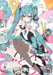  6+girls absurdres aqua_bow aqua_eyes aqua_hair aqua_necktie birthday_cake black_footwear bow breasts brown_pantyhose cake dated fishnet_pantyhose fishnets food fork hair_between_eyes hands_up happy_birthday hatsune_miku high_heels highres holding holding_fork long_hair looking_at_viewer mini_person multiple_girls necktie open_mouth pantyhose single_leg_pantyhose smile solo_focus thigh_strap twintails very_long_hair vocaloid waimoniku 