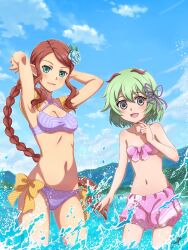  2girls :d antennae armpits arms_up bikini blue_eyes blue_sky braid breasts brown_hair cleavage cloud commentary cowboy_shot day english_commentary flat_chest flower green_hair grey_eyes hair_between_eyes hair_flower hair_ornament hair_ribbon hand_up illuminata joestine22 kohaku_(rune_factory) long_hair looking_at_viewer mountainous_horizon multiple_girls navel ocean open_mouth outdoors pink_bikini pointy_ears purple_bikini purple_ribbon ribbon rune_factory rune_factory_4 short_hair sky small_breasts smile standing swimsuit wading water 