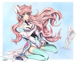  armor blush breasts cleavage female gloves hair_between_eyes headgear henshin large_breasts long_hair looking_at_viewer looking_to_the_side maria_cadenzavna_eve pink_hair power_armor power_suit senki_zesshou_symphogear solo thighhighs very_long_hair waltztetu 