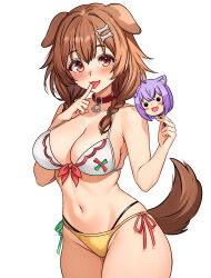  :3 :p absurdres adapted_costume animal_collar animal_ears bikini blush bone_hair_ornament bone_print braid breasts brown_eyes brown_hair cartoon_bone cetta_(cettadvd) cleavage collar commentary dog_ears dog_girl dog_tail double-parted_bangs female finger_to_tongue food front-tie_bikini_top front-tie_top hair_between_eyes hair_ornament hairclip hands_up highres holding holding_food holding_popsicle hololive inugami_korone inugami_korone_(1st_costume) large_breasts long_hair looking_at_viewer low_twin_braids mismatched_bikini multi-strapped_bikini_bottom navel nekomata_okayu open_mouth popsicle print_bikini red_collar side-tie_bikini_bottom simple_background solo standing stomach swimsuit tail thighs tongue tongue_out twin_braids virtual_youtuber white_bikini yellow_bikini 