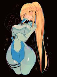  black_background blonde_hair blue_bodysuit blush bodysuit breasts closed_mouth earpiece female green_eyes gun handgun highres impossible_bodysuit impossible_clothes large_breasts long_hair looking_at_viewer metroid metroid_(creature) mole mole_under_mouth paralyzer ponytail samus_aran shiny_clothes simple_background skin_tight smile solo thighs usa37107692 very_long_hair weapon wide_hips zero_suit 