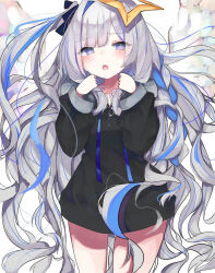  amane_kanata black_sweater blue_eyes blue_hair blush collarbone commentary female grey_hair hair_ornament hair_ribbon hands_up highres hololive izayoiyu long_hair long_sleeves looking_at_viewer multicolored_hair multicolored_wings open_mouth ribbon simple_background single_hair_intake solo standing star_(symbol) star_hair_ornament sweater thighs two-tone_hair very_long_hair virtual_youtuber white_background wings 