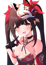  absurdres bare_shoulders bell black_choker black_gloves black_hair breasts choker collarbone criss-cross_halter detached_sleeves dress facial_mark female fox_mask gloves gradient_hair hair_ornament halterneck hand_up highres honkai:_star_rail honkai_(series) jingle_bell long_hair looking_at_viewer mask mask_on_head multicolored_hair obi open_mouth pointing pointing_at_self red_dress red_eyes sash sidelocks simple_background sleeveless sleeveless_dress small_breasts smile solo spaghetti_strap sparkle_(honkai:_star_rail) tetori_(tetolisto) twintails upper_body very_long_hair wardrobe_malfunction white_background 