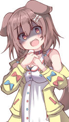  :d absurdres animal_ears blue_bow blush bone_hair_ornament bow braid breasts brown_eyes brown_hair cartoon_bone cleavage collar commentary_request cracking_knuckles dog_ears dog_girl dog_tail dress fangs female hair_ornament hair_over_shoulder head_tilt highres hololive inugami_korone inugami_korone_(1st_costume) jacket long_sleeves low_twintails medium_breasts off_shoulder open_clothes open_jacket puffy_long_sleeves puffy_sleeves red_bow red_collar shaded_face simple_background sleeveless sleeveless_dress smile solo tail twin_braids twintails umberblack upper_body virtual_youtuber white_background white_dress yellow_jacket 