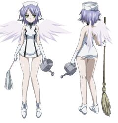  angel_wings ass broom commentary_request dress female from_behind full_body gloves green_eyes hat highres holding holding_broom holding_watering_can looking_at_viewer nurse_cap oregano_(sora_no_otoshimono) purple_hair reference_sheet robot_ears short_dress short_hair simple_background sleeveless sleeveless_dress solo sora_no_otoshimono watanabe_yoshihiro watering_can white_background white_dress white_footwear white_gloves white_wings wings 