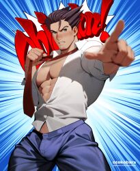  1boy artist_name bara black_hair black_pants blush english_text gyakuten_saiban highres large_pectorals male_focus muscular muscular_male naruhodou_ryuuichi necktie otokobara pants partially_unbuttoned patreon_username pectorals pointing pointing_at_viewer shirt short_hair simple_background solo undressing white_shirt 