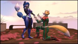  3d_(artwork) anthro bending_knees black_border blush border canid chadchan3d clothing digit_ring digital_media_(artwork) evening female fox_mccloud hand_holding hi_res jewelry krystal_(star_fox) male male/female mammal nintendo proposal ring smile source_filmmaker_(artwork) spacesuit star_fox surprised_expression uniform warfare_krystal warfare_machine wedding_ring 