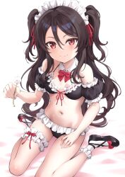  amerika_juu_pan bare_shoulders bikini black_footwear black_hair bow bowtie breasts bridal_garter closed_mouth detached_collar detached_sleeves female frilled_bikini frills front-tie_top hair_between_eyes holding long_hair looking_at_viewer maid maid_bikini maid_headdress mimikaki mole mole_under_eye navel original puffy_short_sleeves puffy_sleeves red_eyes shoes short_sleeves simple_background sitting small_breasts smile socks solo stomach string_bikini swimsuit thighs two_side_up unconventional_maid very_long_hair wariza white_background white_socks 