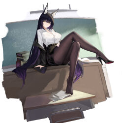  absurdres animal_ear_fluff animal_ears arm_support azur_lane belt black_footwear black_hair black_jacket black_pantyhose black_skirt black_thighhighs blunt_bangs book book_stack breasts chair chalkboard closed_mouth collared_shirt crossed_legs desk dress_shirt expressionless feet female fox_ears fox_girl full_body hand_on_own_thigh high-waist_skirt high_heels highres indoors jacket large_breasts legs long_hair looking_at_viewer multicolored_hair musashi_(azur_lane) nail_polish off_shoulder open_book pantyhose purple_hair purple_nails shadow shirt sitting skirt solo suo_bu_ye_feng table thighhighs thighs two-tone_hair very_long_hair white_shirt yellow_eyes 