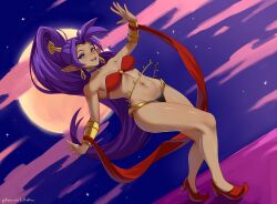  absurdres arabian_clothes artist_name blue_choker blue_eyes breasts choker cloud dark-skinned_female dark_skin earrings female full_moon highres hoop_earrings jewelry large_breasts long_hair moon navel o-ring o-ring_top open_mouth patreon_username pointy_ears pointy_footwear purple_hair shantae shantae_(series) solo ultrabinou web_address 