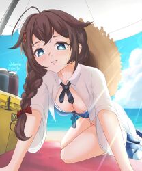  beach bikini blue_bikini blue_eyes blue_sky braid breasts brown_hair brown_hat cloud cooler day female front-tie_bikini_top front-tie_top hair_flaps hair_over_shoulder hat highres horizon kantai_collection long_hair medium_breasts null_graph ocean official_alternate_costume open_clothes open_shirt outdoors shigure_(kancolle) shigure_kai_ni_(swimsuit)_(kancolle) shigure_kai_san_(swimsuit)_(kancolle) single_braid sky solo straw_hat sun_hat swimsuit 