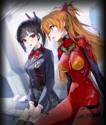  2girls black_hair blazer blue_eyes bodysuit bow bowtie breasts brown_eyes commentary_request crossover dutch_angle goddess_of_victory:_nikke grey_jacket grey_skirt highres interface_headset jacket medium_breasts multicolored_bodysuit multicolored_clothes multiple_girls neon_genesis_evangelion official_art pilot_suit plaid_clothes plaid_skirt plugsuit red_bodysuit red_bow red_bowtie red_eyes school_uniform sitting skirt souryuu_asuka_langley third-party_source two_side_up zwei_(nikke) 