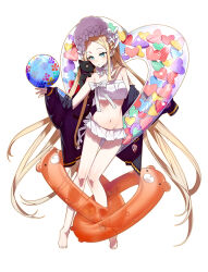  abigail_williams_(fate) abigail_williams_(swimsuit_foreigner)_(fate) abigail_williams_(swimsuit_foreigner)_(third_ascension)_(fate) absurdres ball bare_legs bare_shoulders barefoot beachball bikini black_cat black_jacket blonde_hair blue_eyes breasts fate/grand_order fate_(series) feline female floating floating_object highres jacket long_hair navel small_breasts solo stomach swimsuit white_background white_bikini yun-yang 