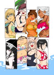  2boys 6+girls :d asahina_aoi bikini black_bikini black_one-piece_swimsuit blue_bikini breasts celestia_ludenberg character_print cleavage closed_eyes closed_mouth coconut danganronpa:_trigger_happy_havoc danganronpa_(series) enoshima_junko food fukawa_toko glasses highres holding ice_cream ikusaba_mukuro large_breasts long_hair multiple_boys multiple_girls muscular muscular_female navel ogami_sakura one-piece_swimsuit orange_bikini palm_tree red_bikini round_eyewear shi_o_(sio_mamehuku) smile stomach swimsuit togami_byakuya tree water white_hair yamada_hifumi 