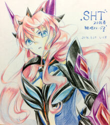  armor blue_eyes breasts ces21 cleavage colored_pencil_(medium) female hair_between_eyes headgear henshin huge_breasts large_breasts long_hair looking_at_viewer maria_cadenzavna_eve open_mouth pink_hair senki_zesshou_symphogear solo traditional_media very_long_hair 