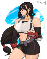  absurdres artist_name bare_shoulders black_hair black_skirt breasts crop_top elbow_pads english_commentary female final_fantasy final_fantasy_vii fingerless_gloves gloves highres long_hair low-tied_long_hair red_eyes relusionh skirt solo suspender_skirt suspenders suspenders_gap tank_top teardrop_earrings tifa_lockhart white_background white_tank_top 