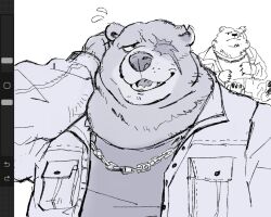  2024 anthro bear ben_bigger bodily_fluids chain_necklace clothing eye_scar facial_scar hand_on_head hi_res jacket jewelry line_art macholobo male mammal mihoyo monochrome necklace notched_ear overweight overweight_male scar shirt sitting sitting_on_ground smile solo sweat topwear zenless_zone_zero 