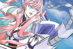  armor blue_eyes breasts cleavage female gloves hair_between_eyes headgear henshin highres large_breasts long_hair looking_to_the_side maria_cadenzavna_eve open_mouth pink_hair power_armor power_suit senki_zesshou_symphogear solo toru_dai very_long_hair weapon whip_sword 