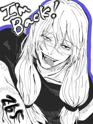  1boy black_shirt english_text heterochromia highres ivii3 jujutsu_kaisen long_hair low-tied_long_hair mahito_(jujutsu_kaisen) male_focus monochrome open_mouth shirt smile solo stitched_face stitches teeth tongue tongue_out upper_body 