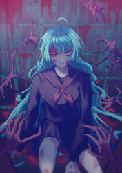  absurdres ahoge black_sailor_collar black_serafuku black_shirt black_skirt blood blood_from_mouth blood_on_face blood_on_wall blue_hair closed_mouth commentary_request female hair_between_eyes highres horror_(theme) injury long_hair long_sleeves neckerchief on_ground original partial_commentary red_eyes red_neckerchief sailor_collar school_uniform serafuku shirt sidelocks sido_(sido_mrtsnkc) sitting skirt solo very_long_hair 