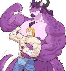  abs anthro arm_hair beard big_muscles big_pecs blonde_hair body_hair carrying_another carrying_partner chest_hair clothed clothing dragon dragon_ears ear_piercing ear_ring erect_nipples facial_hair flexing hair hand_holding hi_res holding_partner horn hug huge_muscles human human_on_anthro interspecies intimate larger_anthro larger_male long_hair male male/male mammal markings muscular muscular_anthro muscular_human muscular_male mythological_creature mythological_scalie mythology nipples nude pecs piercing purple_body purple_hair ring_piercing romantic romantic_couple same22shark scalie sideburns size_difference smaller_human smaller_male spikes spikes_(anatomy) spots spotted_body topless topless_male 