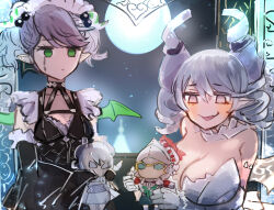  2girls arianna_the_labrynth_servant breasts cleavage demon_girl demon_horns doll dress duel_monster green_eyes grey_eyes grey_hair grin hatano_kiyoshi holding holding_doll horns knight large_breasts lovely_labrynth_of_the_silver_castle maid moon multiple_girls night smile stuffed_animal stuffed_toy white_dress yu-gi-oh! 