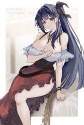  anniversary azur_lane bare_shoulders barmaid bell_(azur_lane) bell_(saloon_mishaps)_(azur_lane) between_breasts black_hair blurry blurry_background border breasts brown_corset cleavage closed_mouth commentary_request corset female grey_eyes highres large_breasts long_hair looking_at_viewer off-shoulder_shirt off_shoulder official_alternate_costume official_alternate_hairstyle outside_border red_skirt shibaebi_(yasaip_game) shirt side_ponytail side_slit single_hair_intake sitting skirt solo thighs white_border white_shirt 