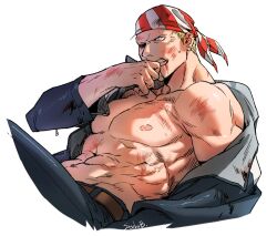  1boy abs arm_up bandana belt billy_kane blonde_hair blood blood_from_mouth blue_jacket blue_pants brown_belt bruise bruise_on_arm bruise_on_face bruise_on_shoulder bruised_eye clenched_teeth collared_jacket commentary cropped_legs curled_fingers denim ear_piercing earrings fatal_fury groin hand_to_own_mouth injury jacket jacket_partially_removed jeans jewelry korean_commentary long_sleeves looking_ahead lying male_focus muscular muscular_male nipples on_back one_eye_closed pants pectorals piercing short_hair simple_background single_bare_shoulder single_earring solo strbrb789 striped_bandana striped_clothes teeth the_king_of_fighters white_background 