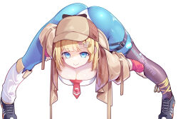  blonde_hair breasts brown_hat cleavage closed_mouth female hair_ornament hat hololive hololive_english hot_vr looking_at_viewer medium_breasts pixiv_username short_hair simple_background smile solo subscribestar_username virtual_youtuber watson_amelia white_background 