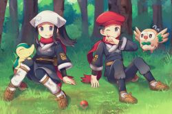  0mzum1 1boy akari_(pokemon) arm_support black_hair black_sash blood bruise bruise_on_face closed_mouth commentary_request cyndaquil female flying_sweatdrops forest galaxy_expedition_team_survey_corps_uniform grey_eyes grey_jacket hat head_scarf highres injury jacket knees_up long_hair nature obi on_grass on_ground one_eye_closed open_mouth outdoors pants poke_ball poke_ball_(legends) pokemon pokemon_(creature) pokemon_legends:_arceus red_hat red_scarf rei_(pokemon) rowlet sash scarf short_hair sitting socks tree white_socks 