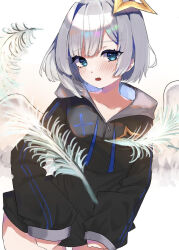  amane_kanata aqua_eyes black_sweater blush collarbone commentary feathers female grey_hair hair_ornament highres holding_sweater hololive izayoiyu long_sleeves looking_at_viewer medium_hair open_mouth simple_background single_hair_intake solo standing star_(symbol) star_hair_ornament sweater thighs virtual_youtuber white_background white_wings wings 